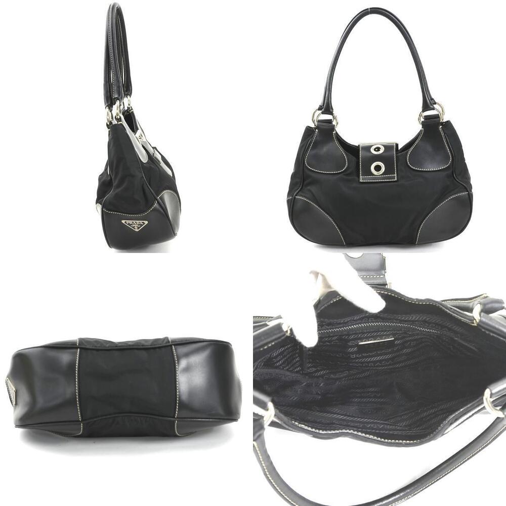 Prada Shoulder Bag Black Leather Silver Black Silver